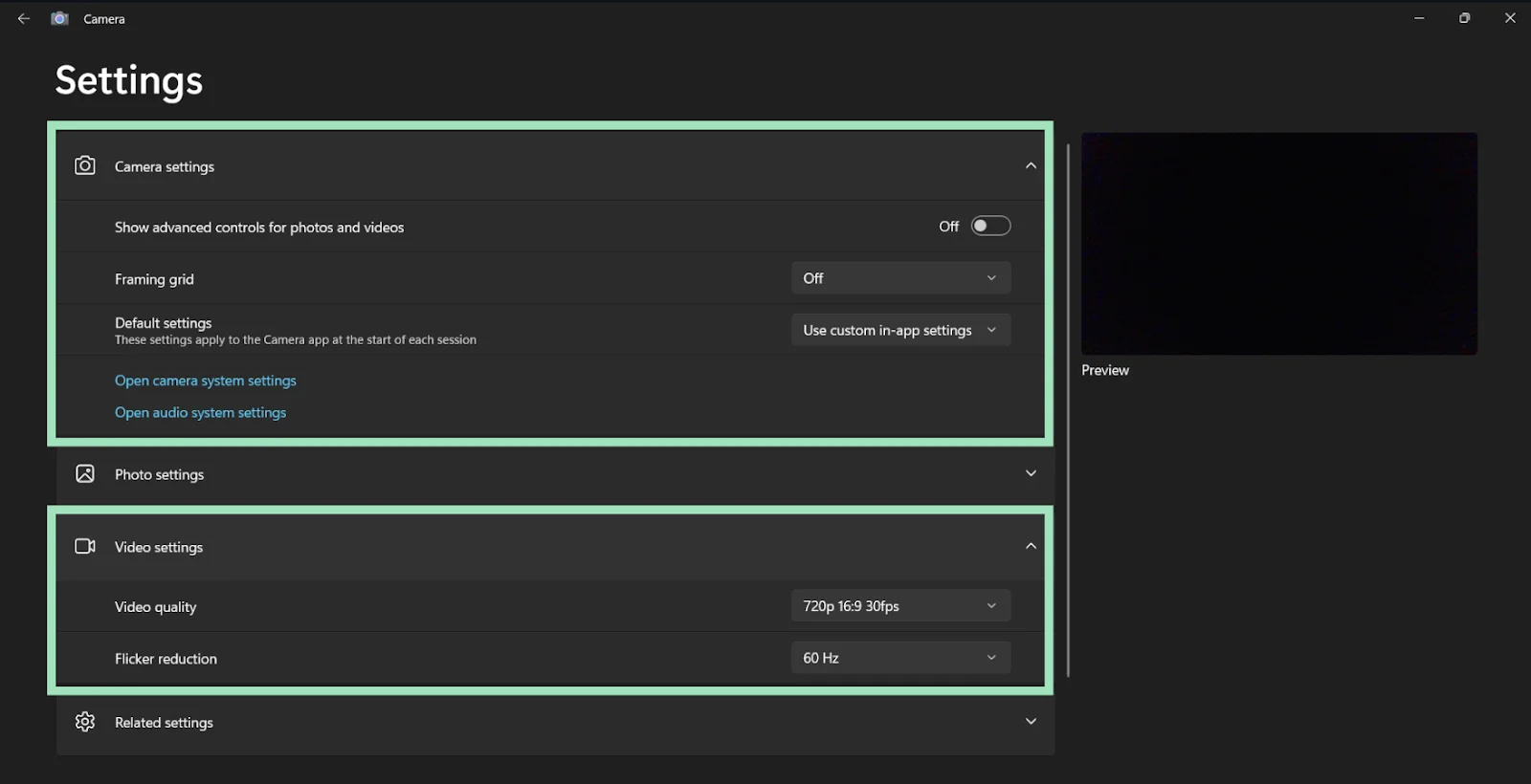 Windows Camera app settings